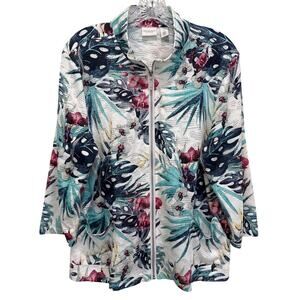 Weekends Chicos Full Zip Sz 1 M Jacket Tropical 3/4 Sleeve Lightweight Breezy